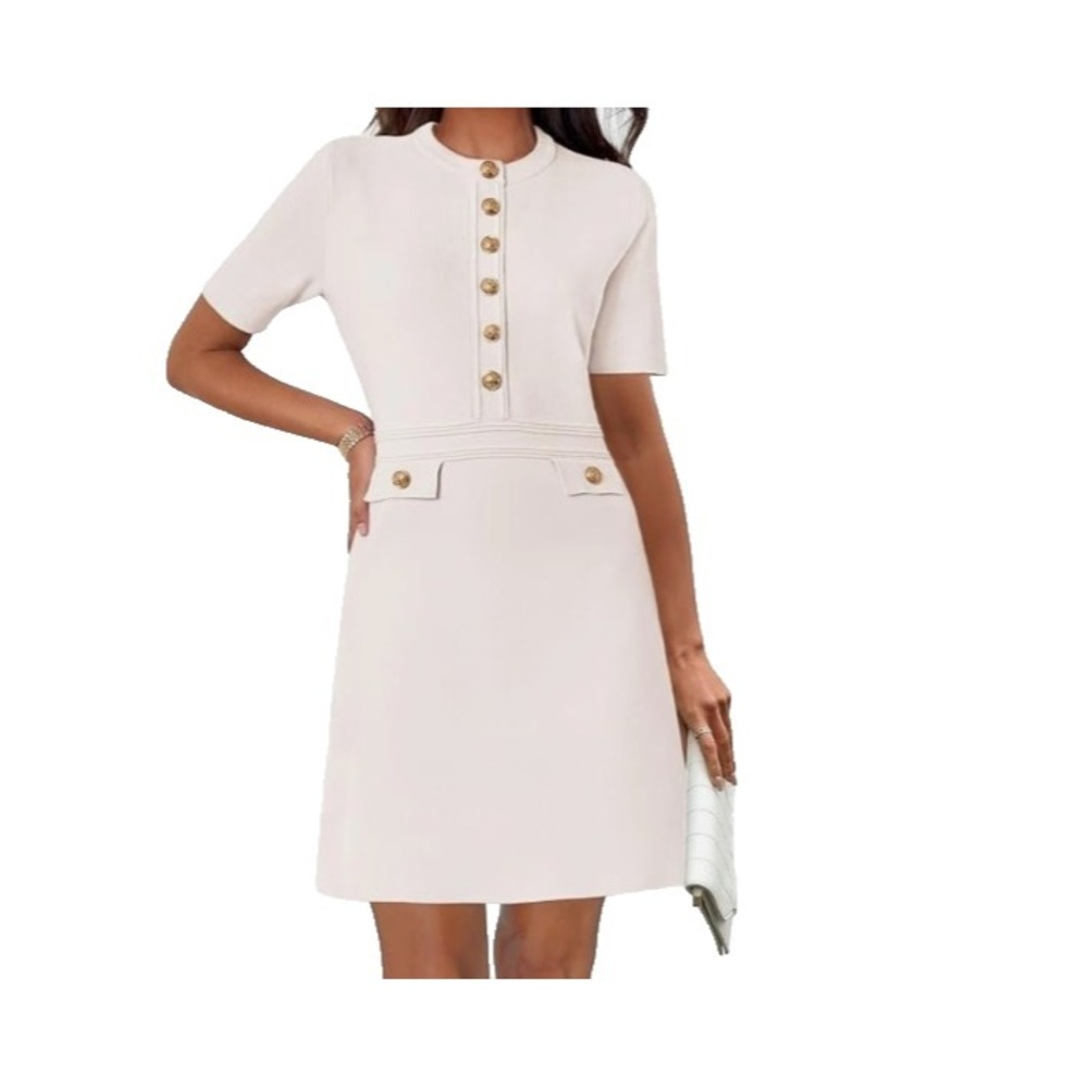 MEROKEETY Knit Bodycon Sweater Dress Button Short Sleeve Crew Neck Ivory Sz XL